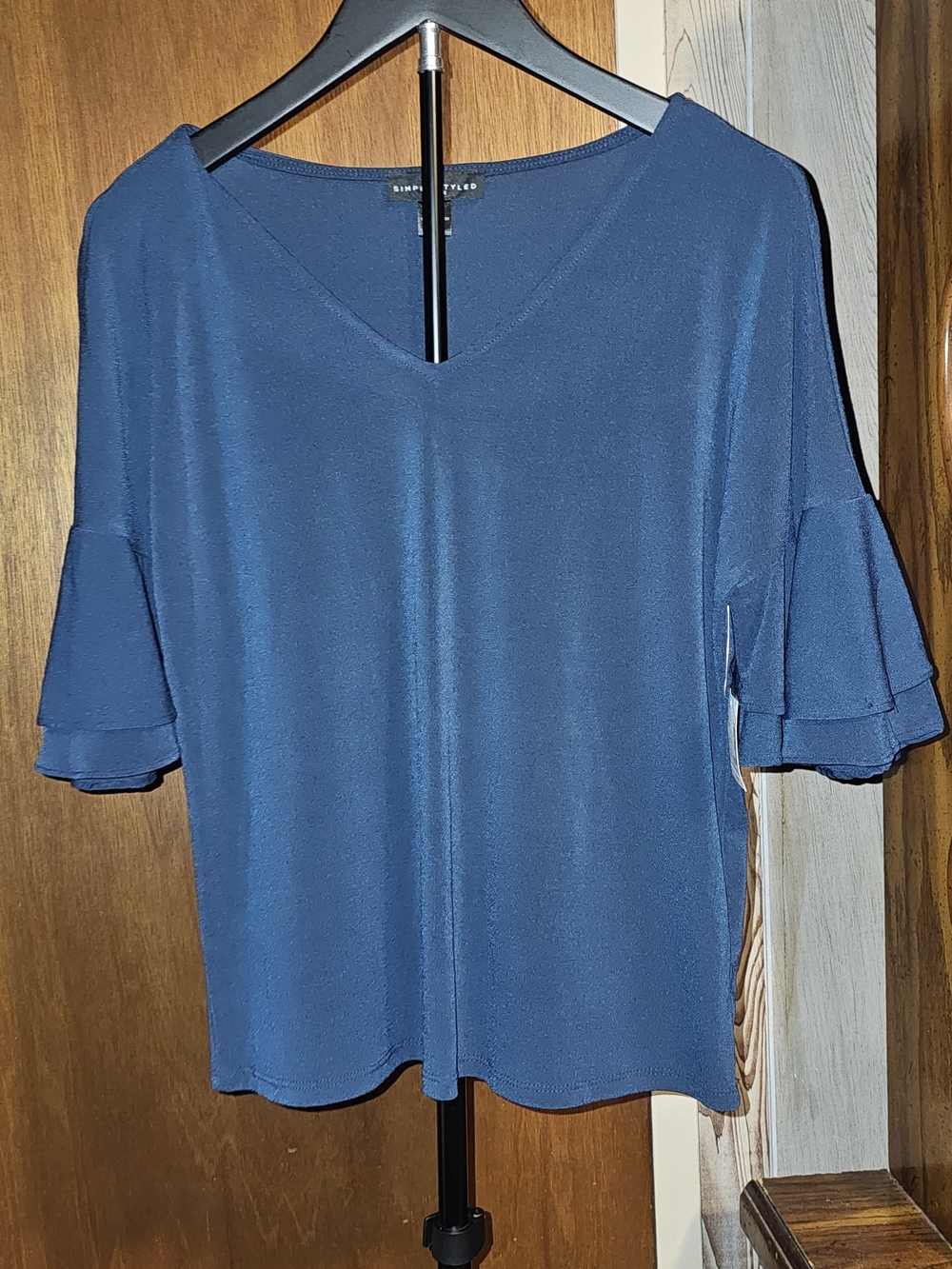 Simply Styled Navy Blue V-Neck Ruffle Sleeve Top